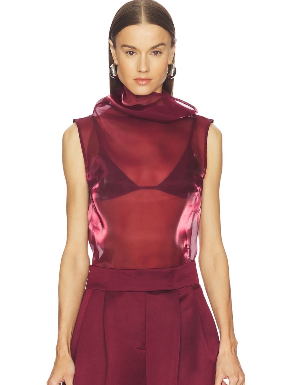 Sheer Satin Mock Neck Burgundy Shell Top